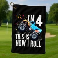 Kids 4 Year Old 4th Birthday Boy Monster Truck Car Golf Towel thumb 1