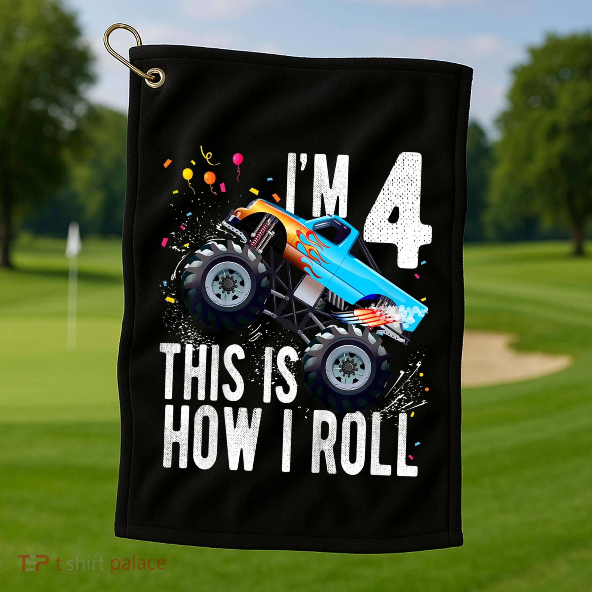 Kids 4 Year Old 4th Birthday Boy Monster Truck Car Golf Towel