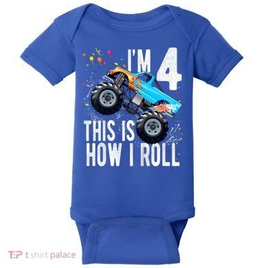 Kids 4 Year Old 4th Birthday Boy Monster Truck Car Baby Bodysuit