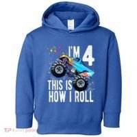 Kids 4 Year Old 4th Birthday Boy Monster Truck Car Toddler Hoodie thumb 0