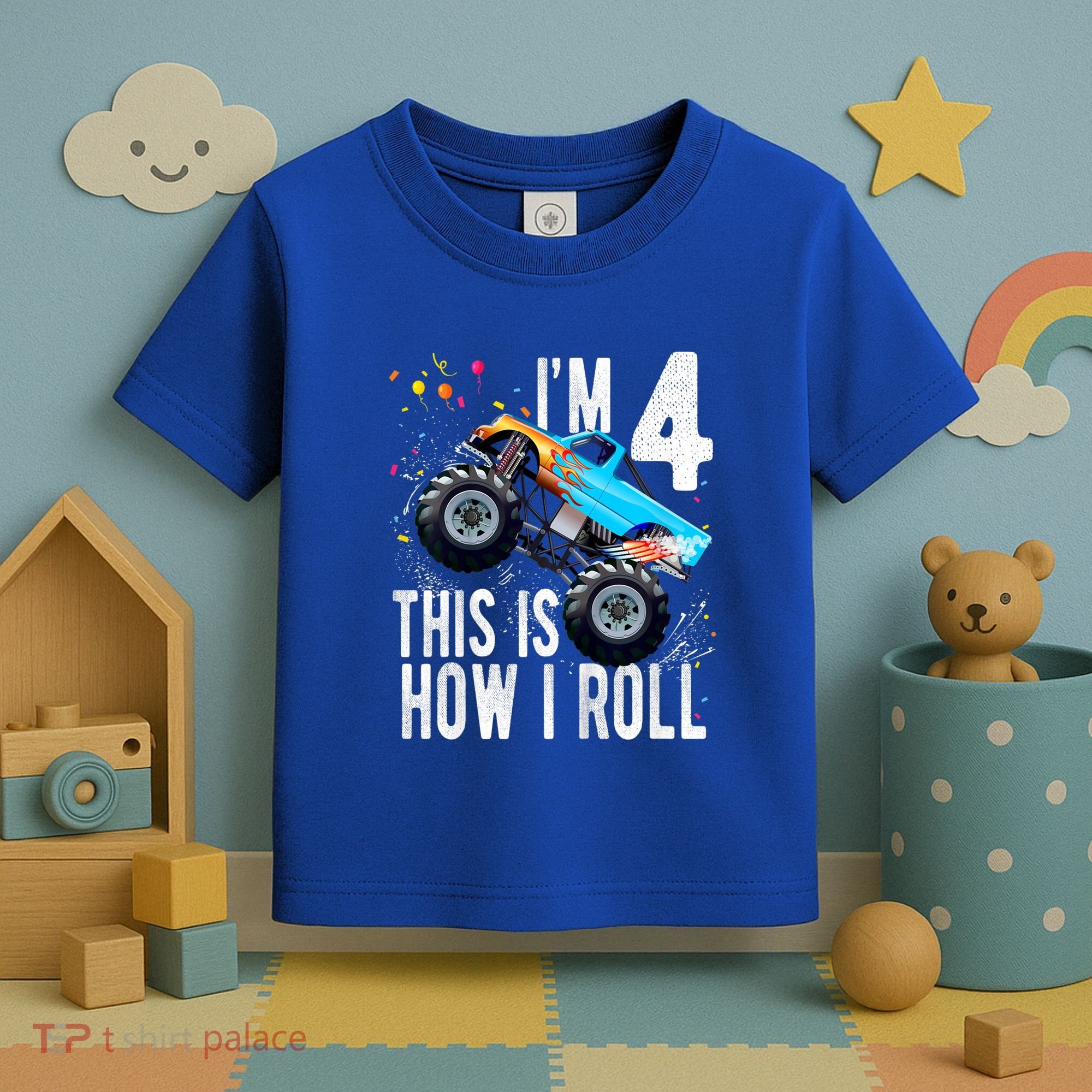 Kids 4 Year Old 4th Birthday Boy Monster Truck Car Toddler T-Shirt