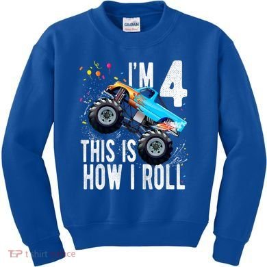 Kids 4 Year Old 4th Birthday Boy Monster Truck Car Kids Sweatshirt