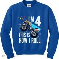Kids 4 Year Old 4th Birthday Boy Monster Truck Car Kids Sweatshirt thumb 0