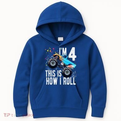 Kids 4 Year Old 4th Birthday Boy Monster Truck Car Kids Hoodie