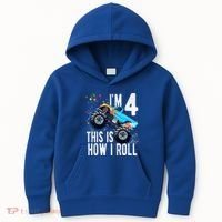 Kids 4 Year Old 4th Birthday Boy Monster Truck Car Kids Hoodie thumb 0