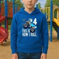 Kids 4 Year Old 4th Birthday Boy Monster Truck Car Kids Hoodie thumb 2
