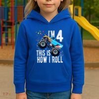 Kids 4 Year Old 4th Birthday Boy Monster Truck Car Kids Hoodie thumb 3