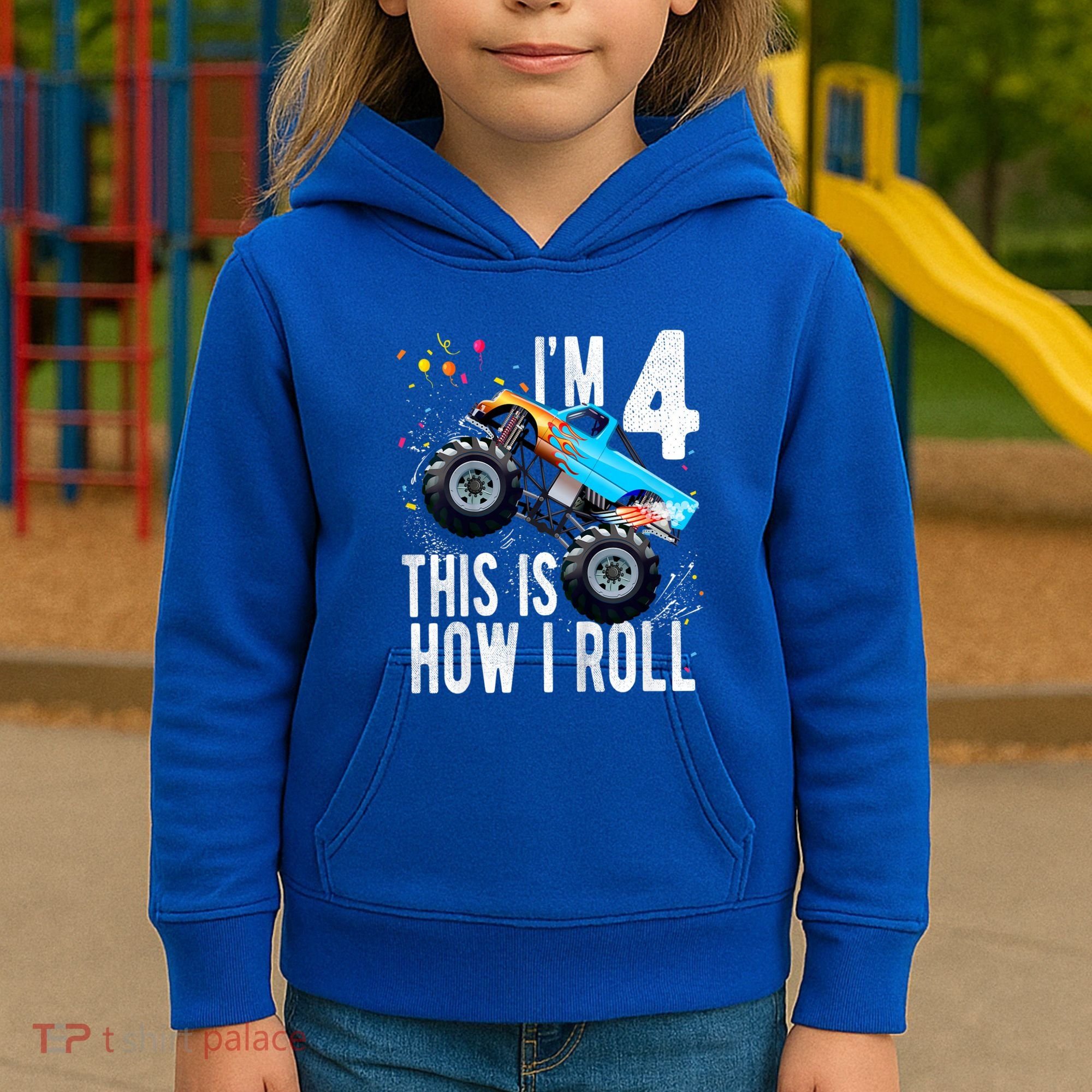 Kids 4 Year Old 4th Birthday Boy Monster Truck Car Kids Hoodie