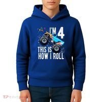 Kids 4 Year Old 4th Birthday Boy Monster Truck Car Kids Hoodie thumb 4