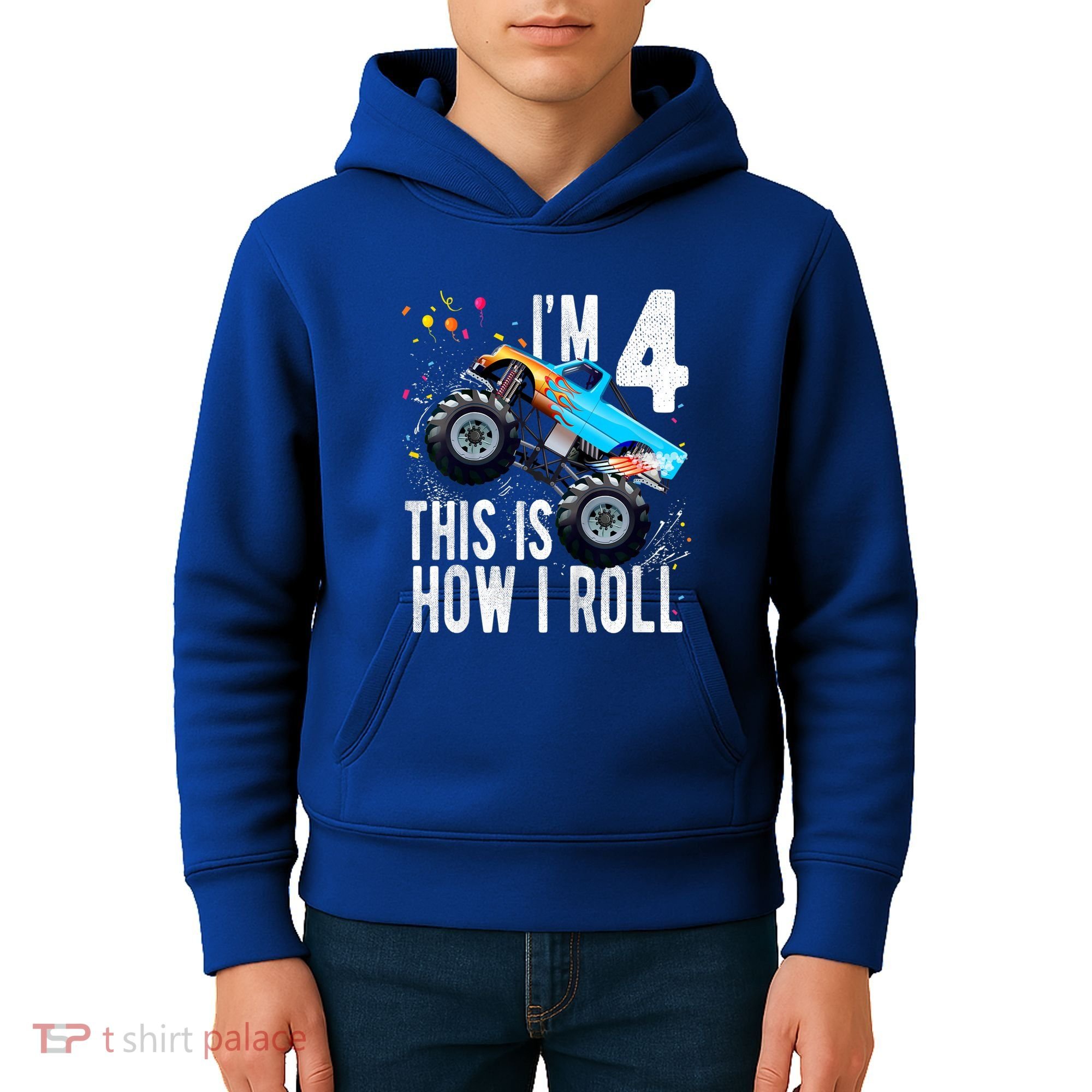 Kids 4 Year Old 4th Birthday Boy Monster Truck Car Kids Hoodie