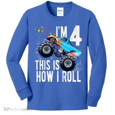 Kids 4 Year Old 4th Birthday Boy Monster Truck Car Kids Long Sleeve Shirt
