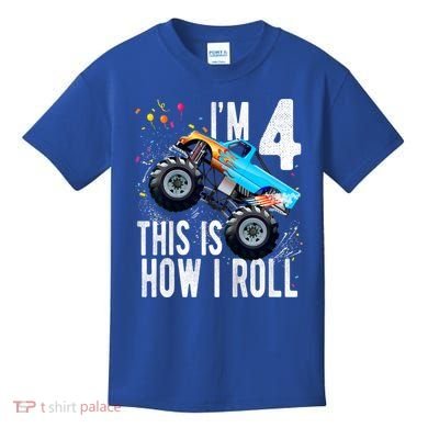 Kids 4 Year Old 4th Birthday Boy Monster Truck Car Kids T-Shirt