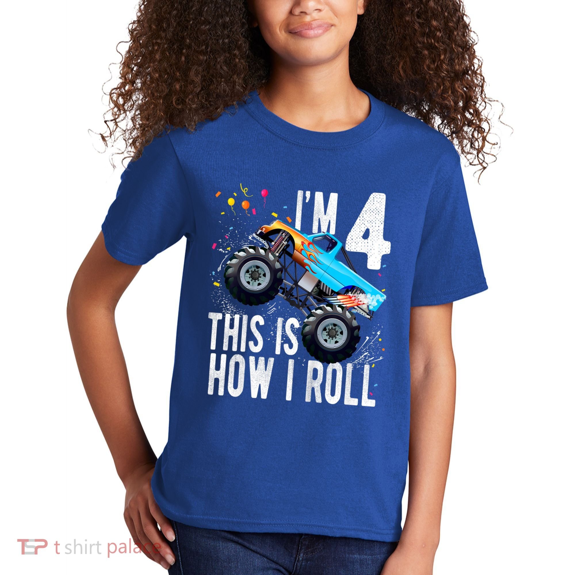 Kids 4 Year Old 4th Birthday Boy Monster Truck Car Kids T-Shirt