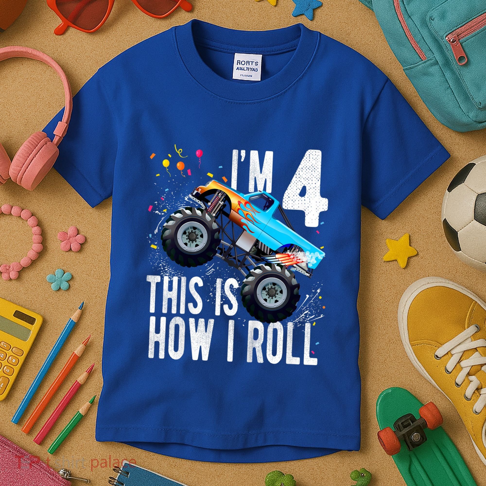 Kids 4 Year Old 4th Birthday Boy Monster Truck Car Kids T-Shirt