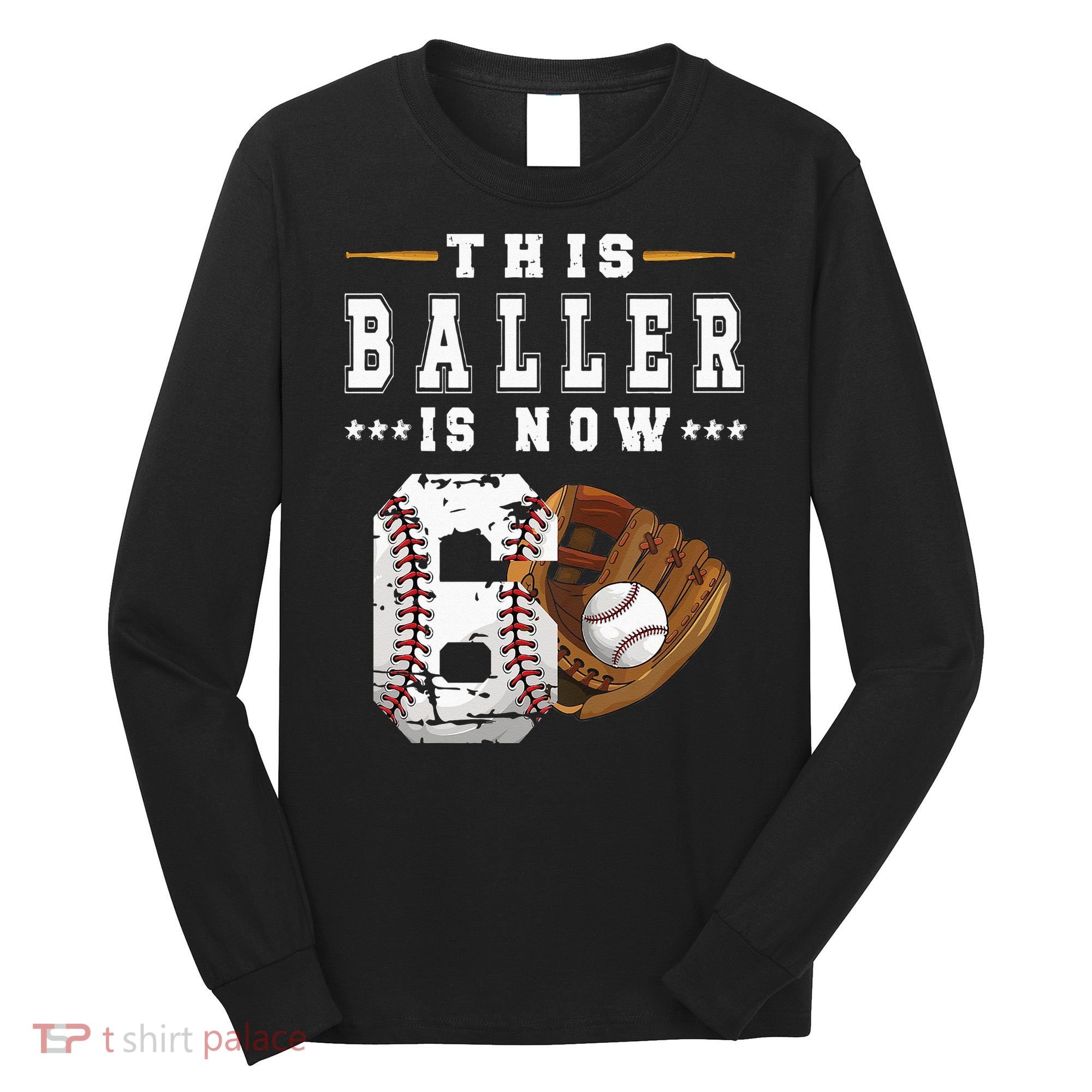 Kids 6th Birthday Baseball Boy Six Year Old Baseball Player Long Sleeve Shirt