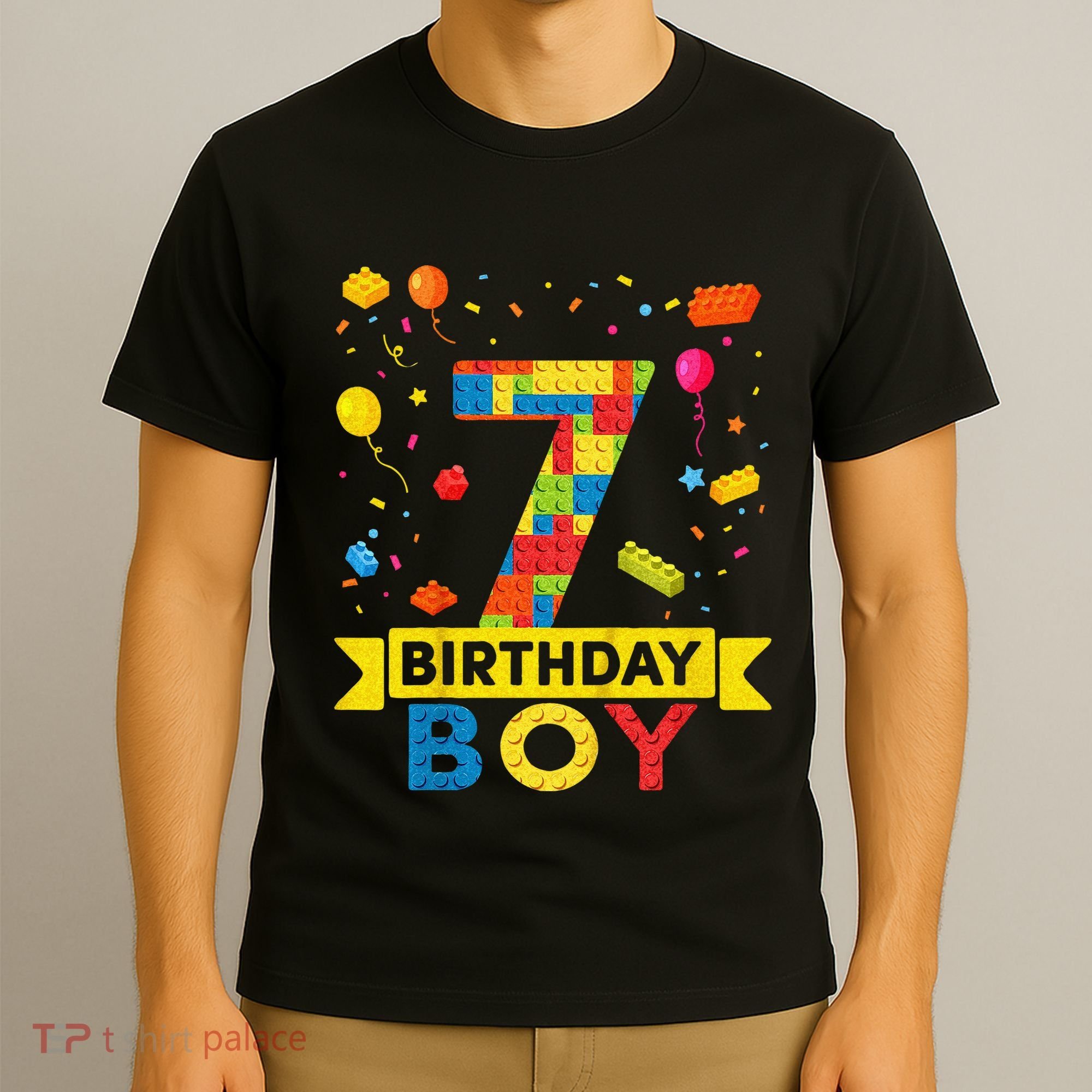 Kids 7 Year Old Building Blocks 7th Birthday Boy T-Shirt