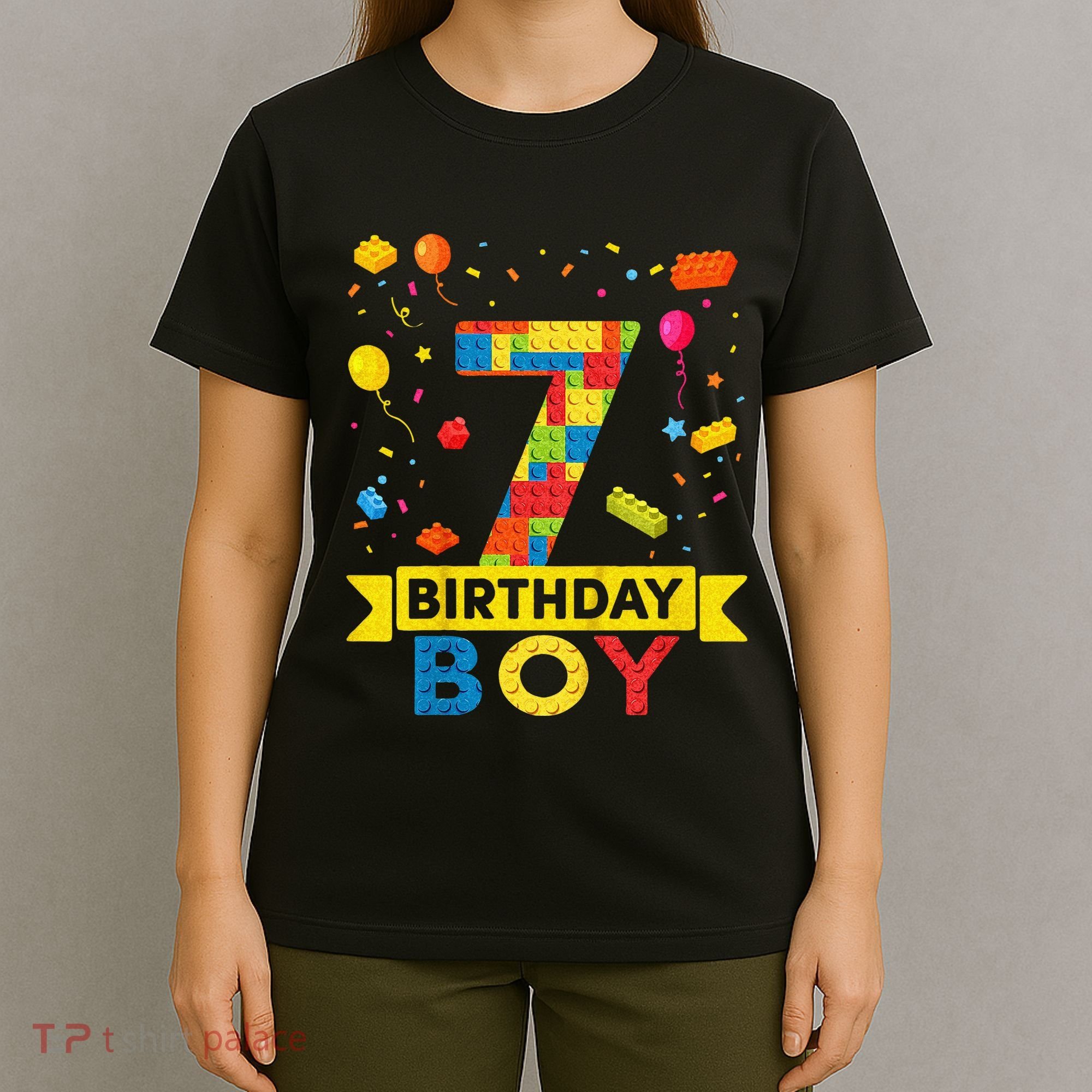 Kids 7 Year Old Building Blocks 7th Birthday Boy T-Shirt