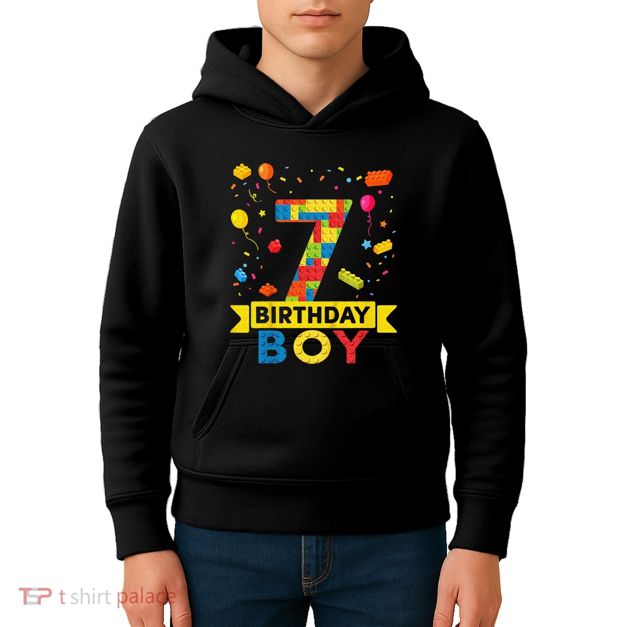 Kids 7 Year Old Building Blocks 7th Birthday Boy Kids Hoodie
