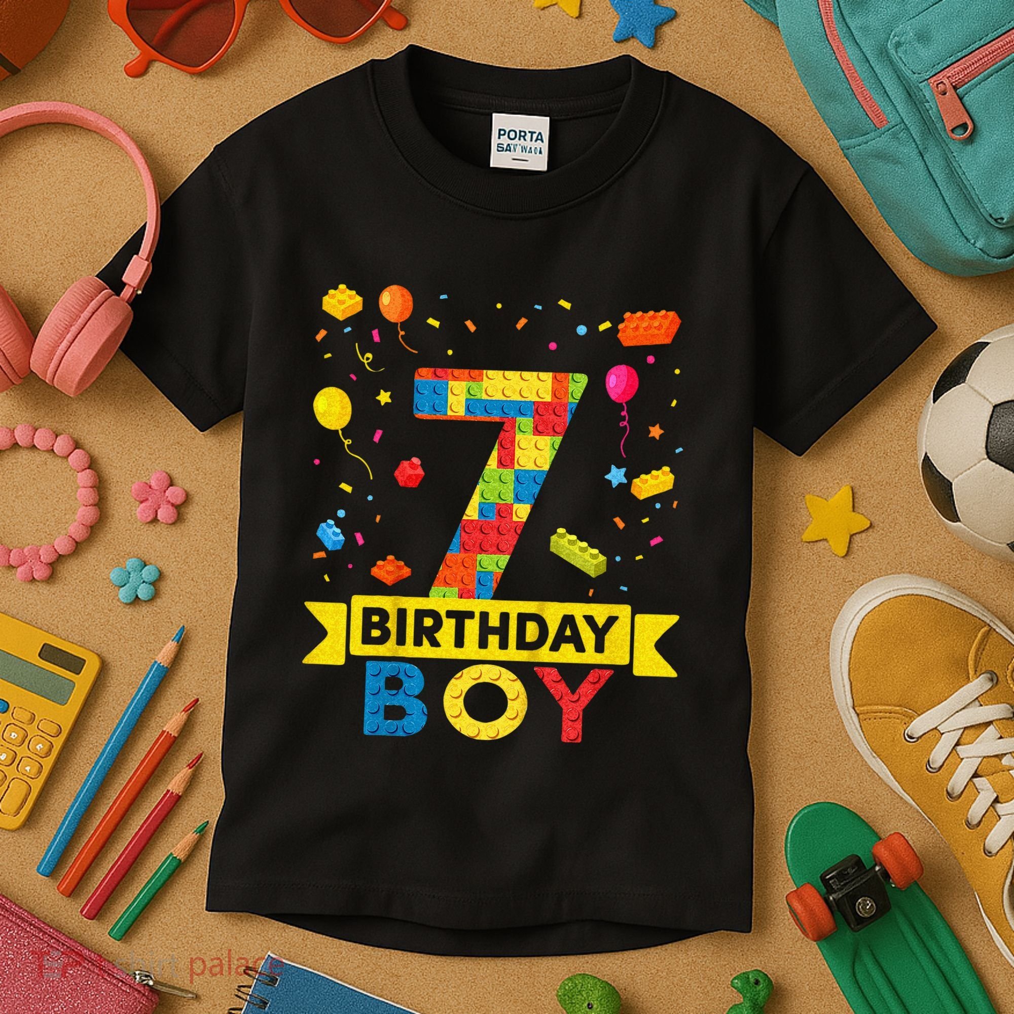 Kids 7 Year Old Building Blocks 7th Birthday Boy Kids T-Shirt