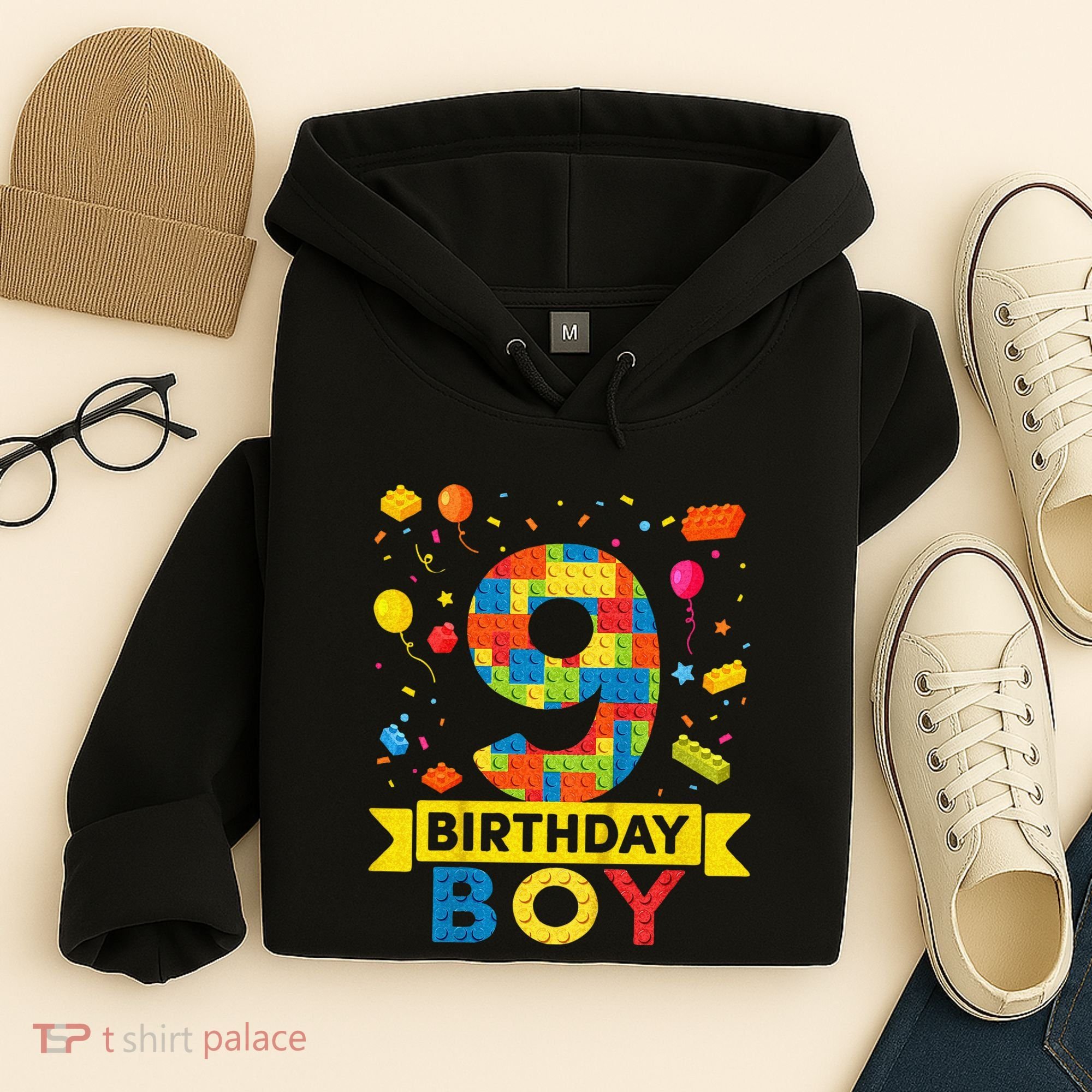 Kids 9 Year Old Building Blocks 9th Birthday Boy Hoodie