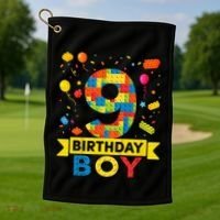 Kids 9 Year Old Building Blocks 9th Birthday Boy Golf Towel thumb 1