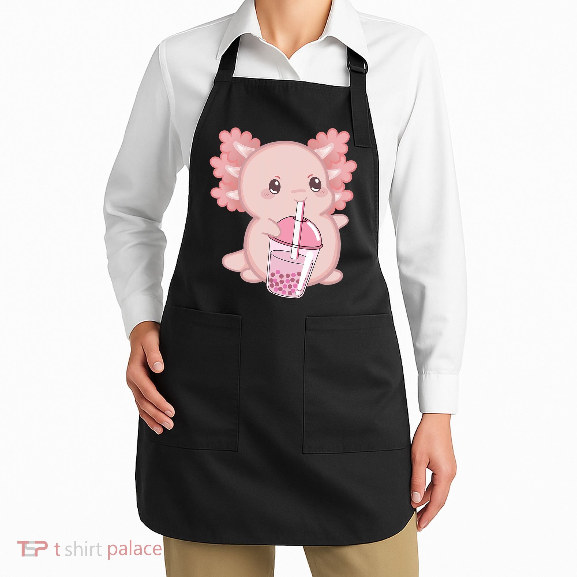 Kawaii Anime Axolotl Drinking Boba Bubble Tea Cute Japanese Apron