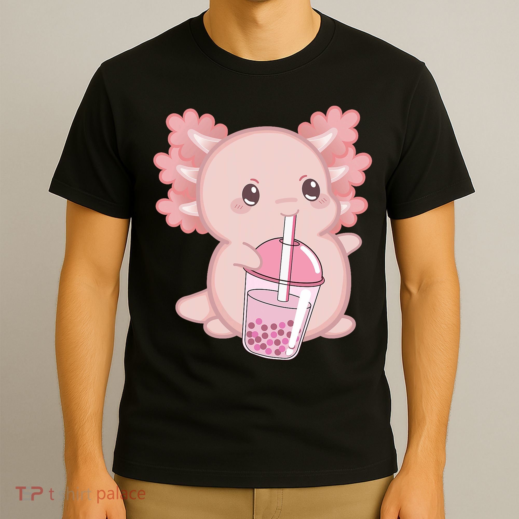 Kawaii Anime Axolotl Drinking Boba Bubble Tea Cute Japanese T-Shirt