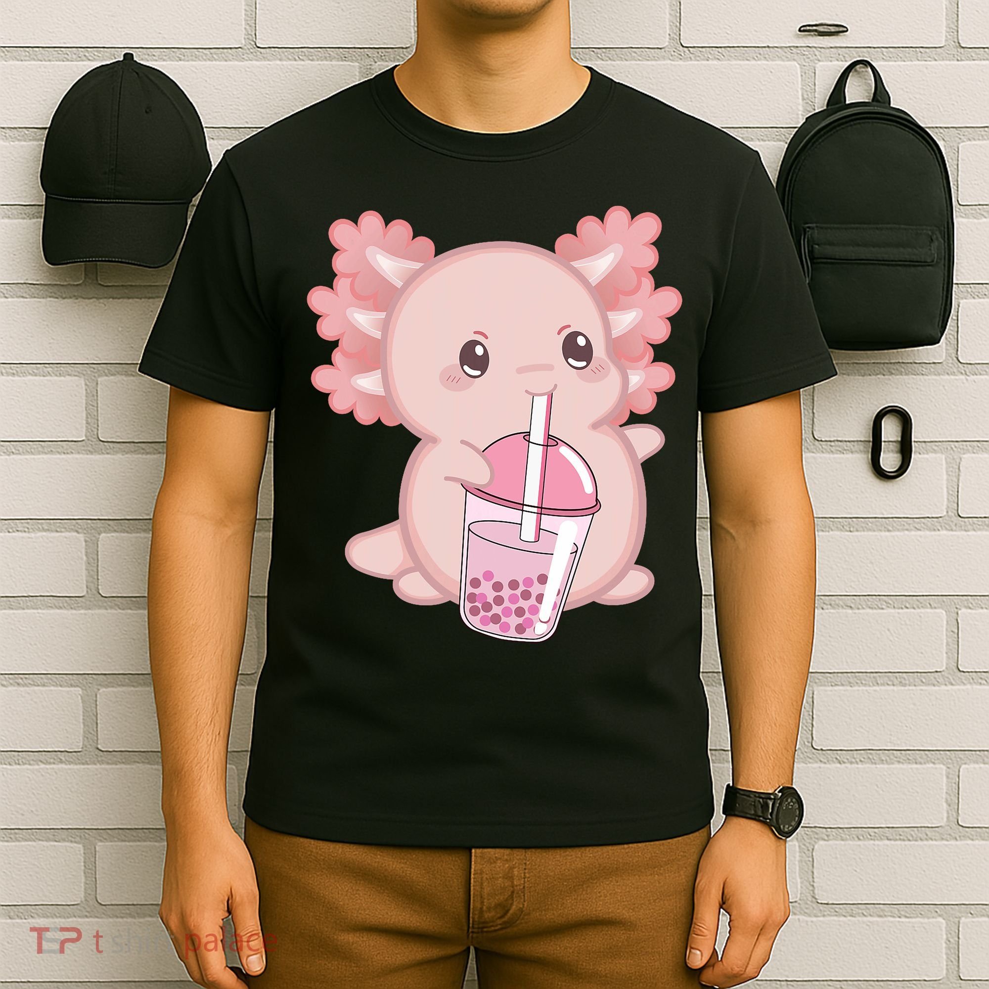 Kawaii Anime Axolotl Drinking Boba Bubble Tea Cute Japanese T-Shirt