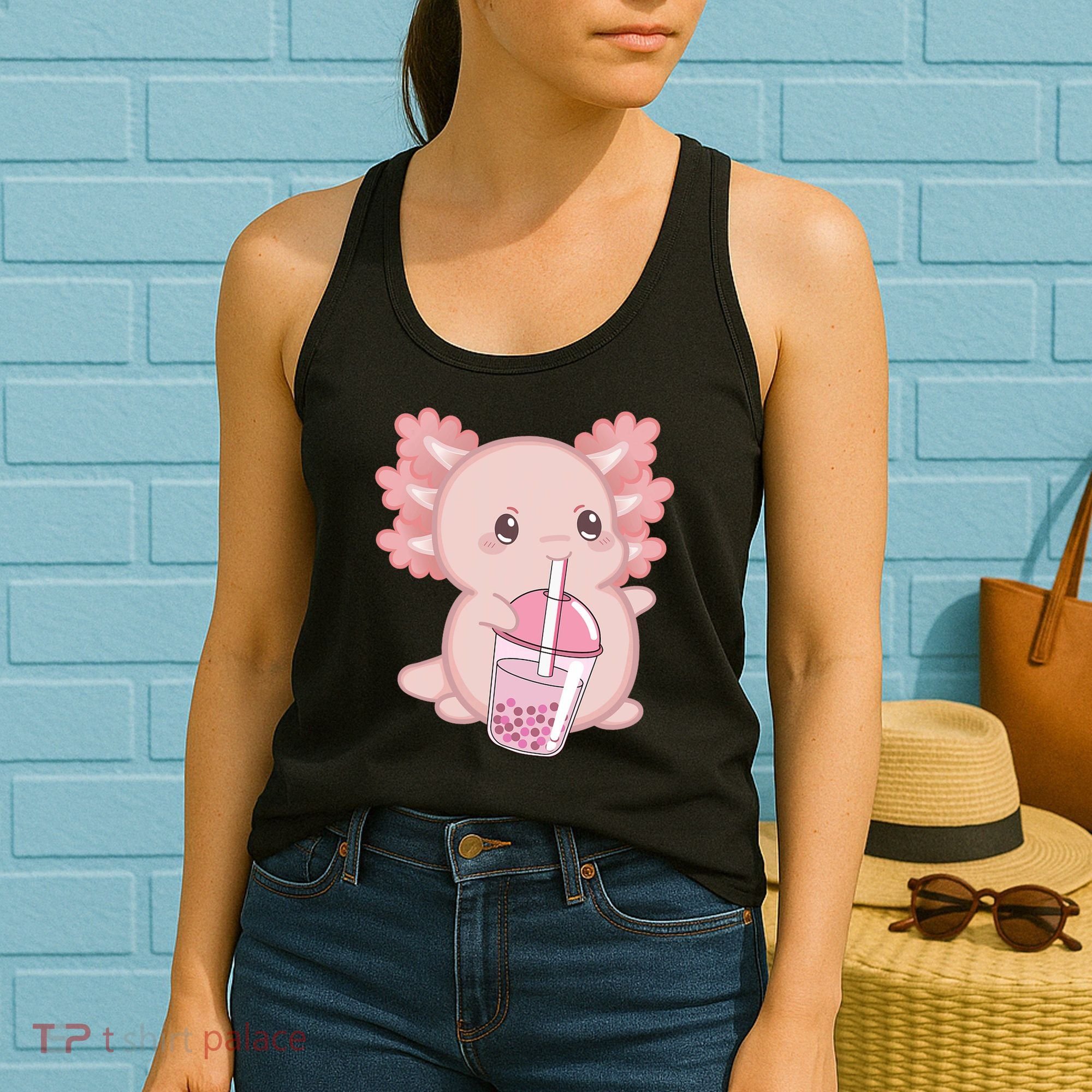 Kawaii Anime Axolotl Drinking Boba Bubble Tea Cute Japanese Women's Tank Top