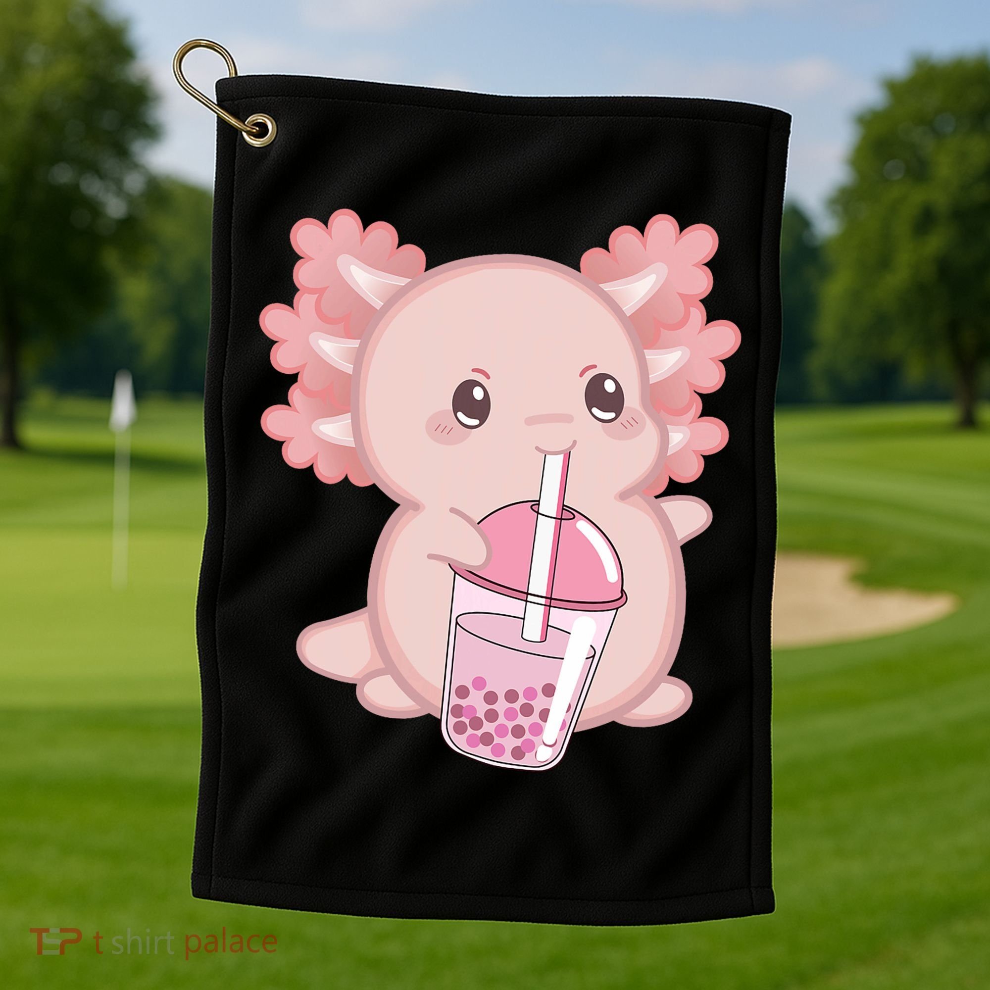 Kawaii Anime Axolotl Drinking Boba Bubble Tea Cute Japanese Golf Towel