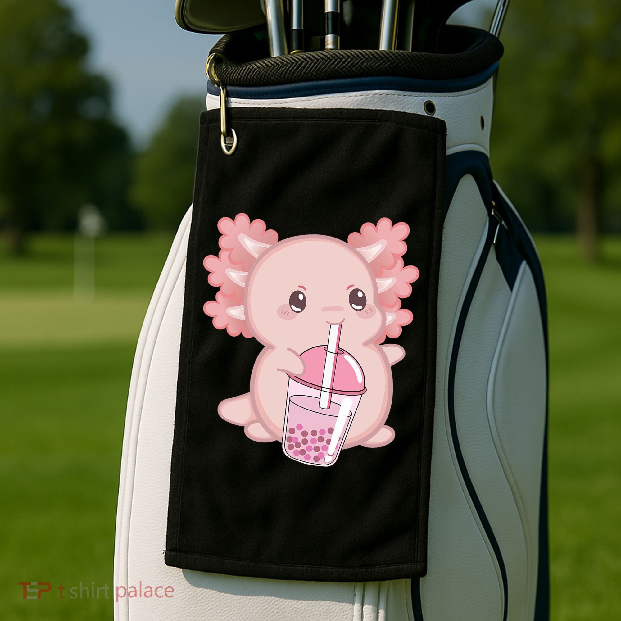 Kawaii Anime Axolotl Drinking Boba Bubble Tea Cute Japanese Golf Towel