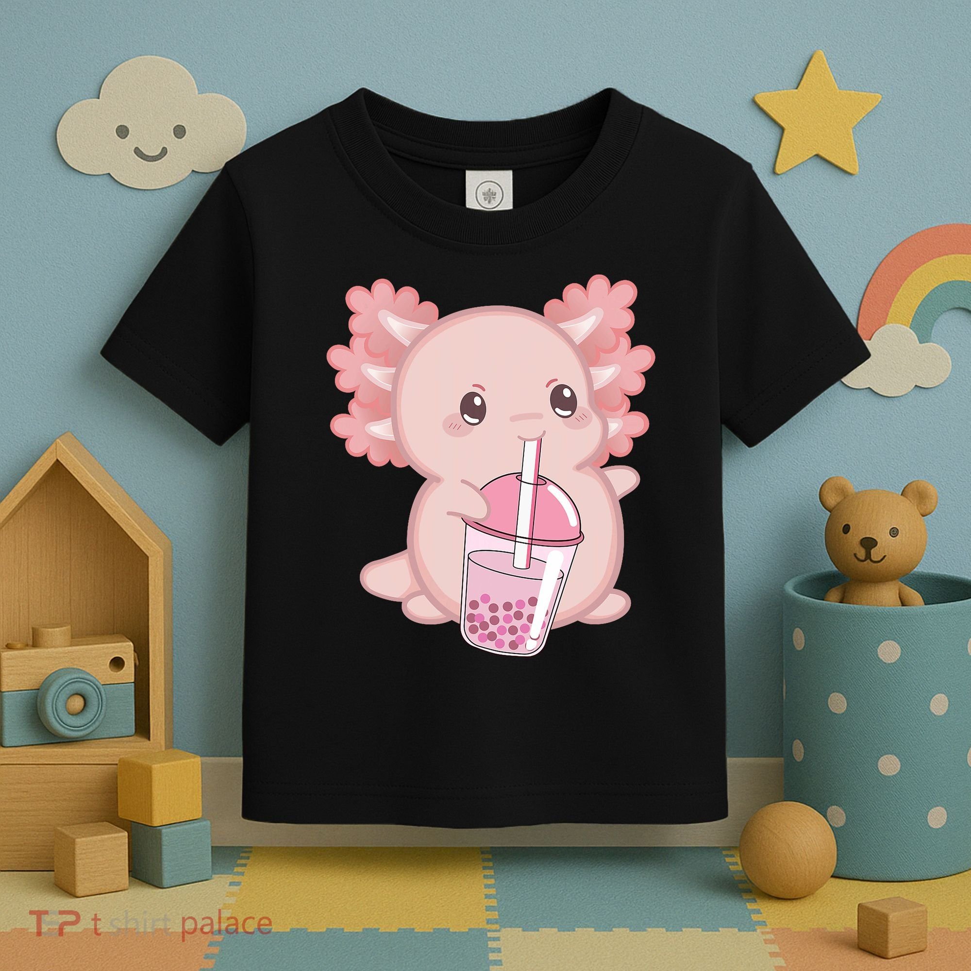 Kawaii Anime Axolotl Drinking Boba Bubble Tea Cute Japanese Toddler T-Shirt