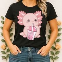 Kawaii Anime Axolotl Drinking Boba Bubble Tea Cute Japanese Women's T-Shirt thumb 2