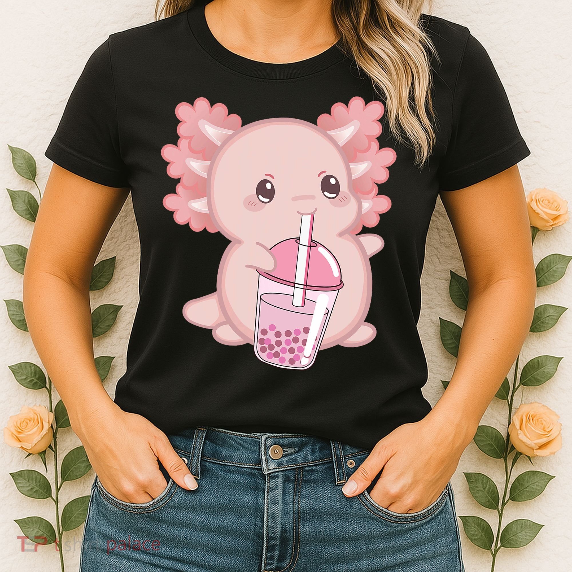 Kawaii Anime Axolotl Drinking Boba Bubble Tea Cute Japanese Women's T-Shirt