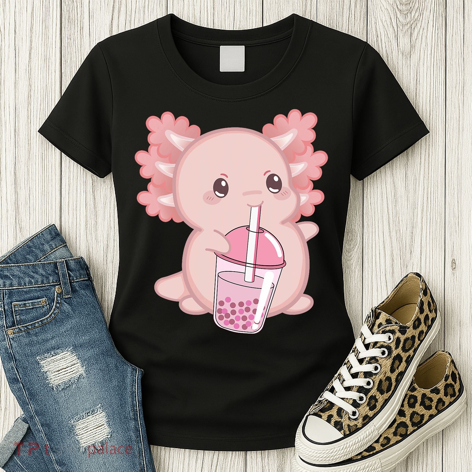 Kawaii Anime Axolotl Drinking Boba Bubble Tea Cute Japanese Women's T-Shirt