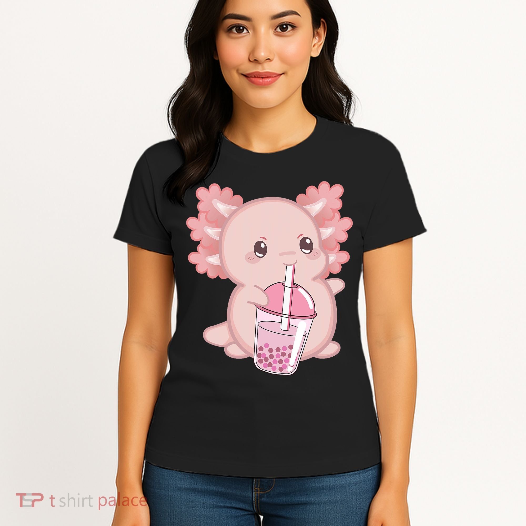 Kawaii Anime Axolotl Drinking Boba Bubble Tea Cute Japanese Women's T-Shirt