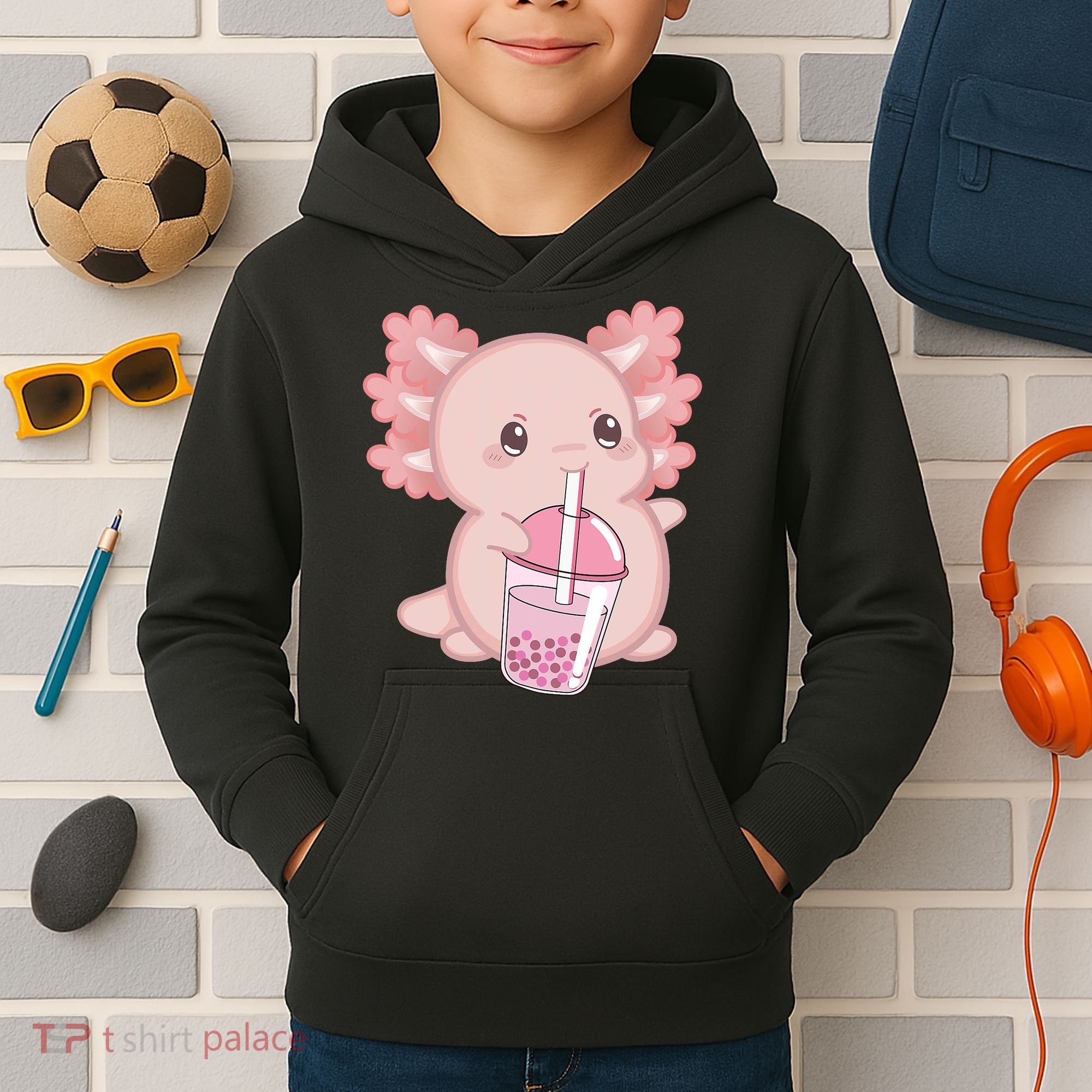 Kawaii Anime Axolotl Drinking Boba Bubble Tea Cute Japanese Kids Hoodie