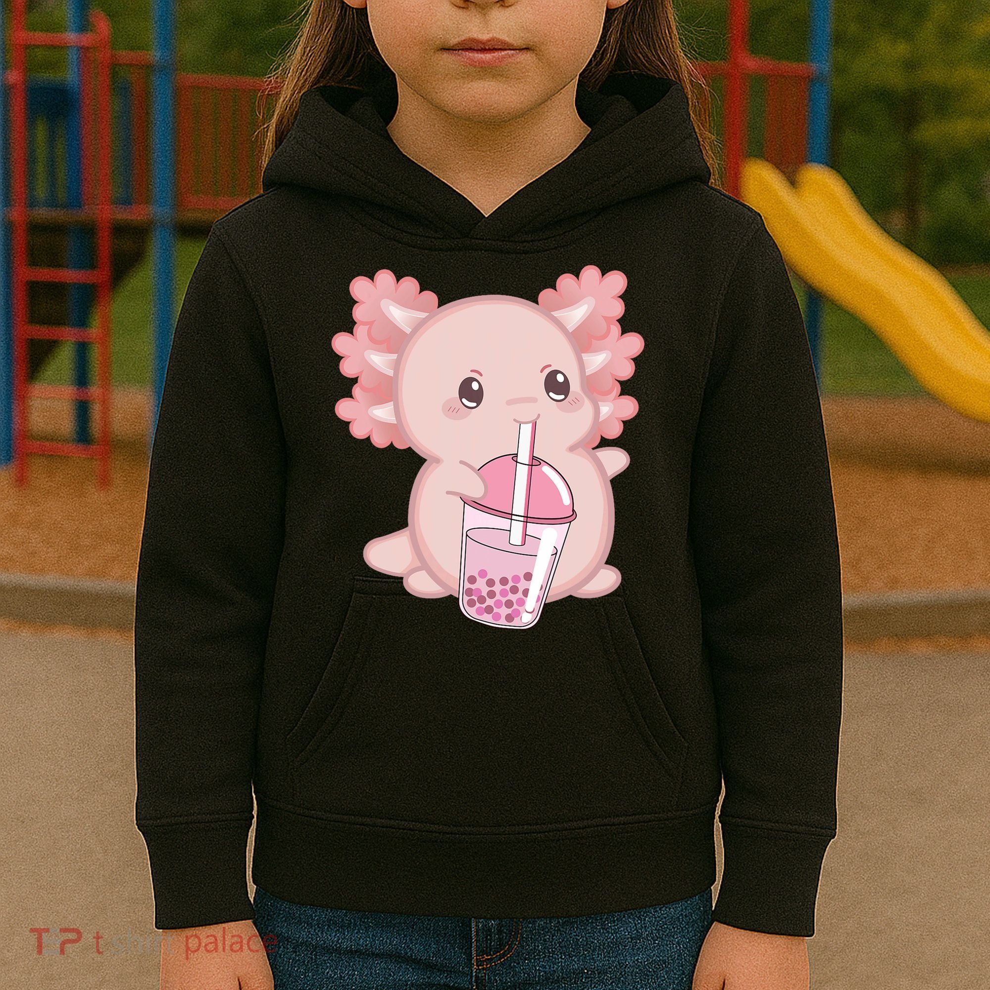Kawaii Anime Axolotl Drinking Boba Bubble Tea Cute Japanese Kids Hoodie