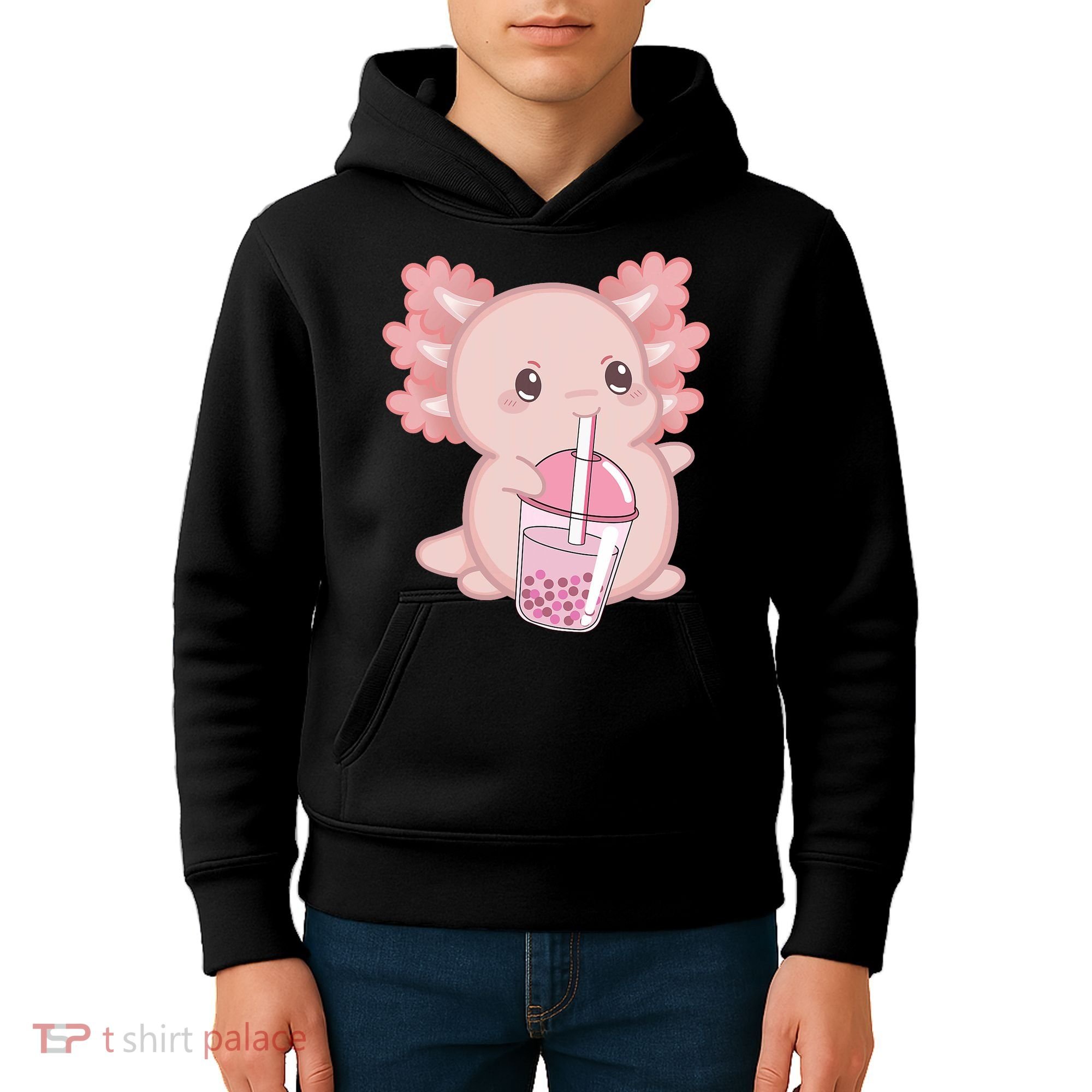 Kawaii Anime Axolotl Drinking Boba Bubble Tea Cute Japanese Kids Hoodie