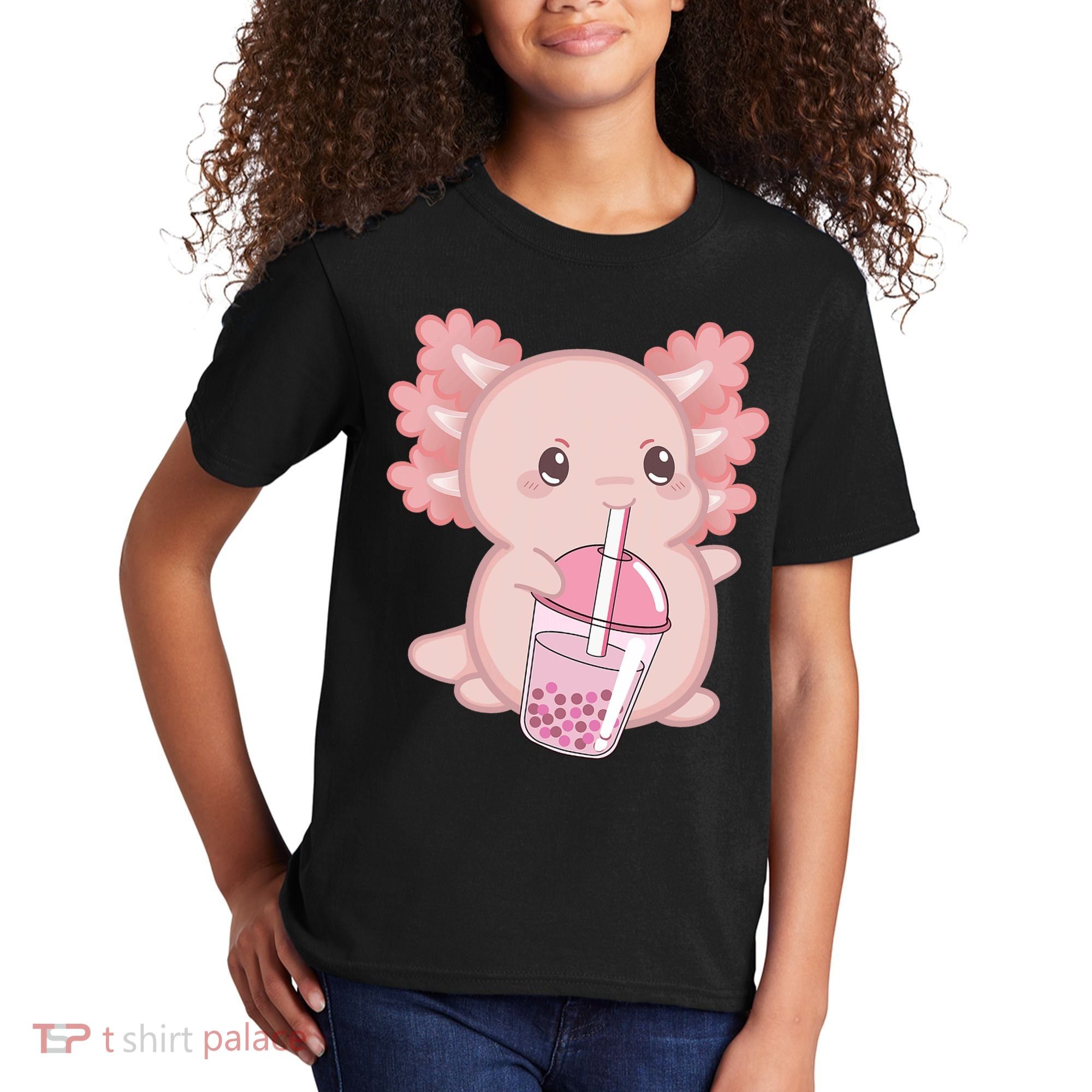 Kawaii Anime Axolotl Drinking Boba Bubble Tea Cute Japanese Kids T-Shirt
