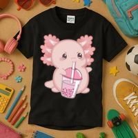 Kawaii Anime Axolotl Drinking Boba Bubble Tea Cute Japanese Kids T-Shirt thumb 3
