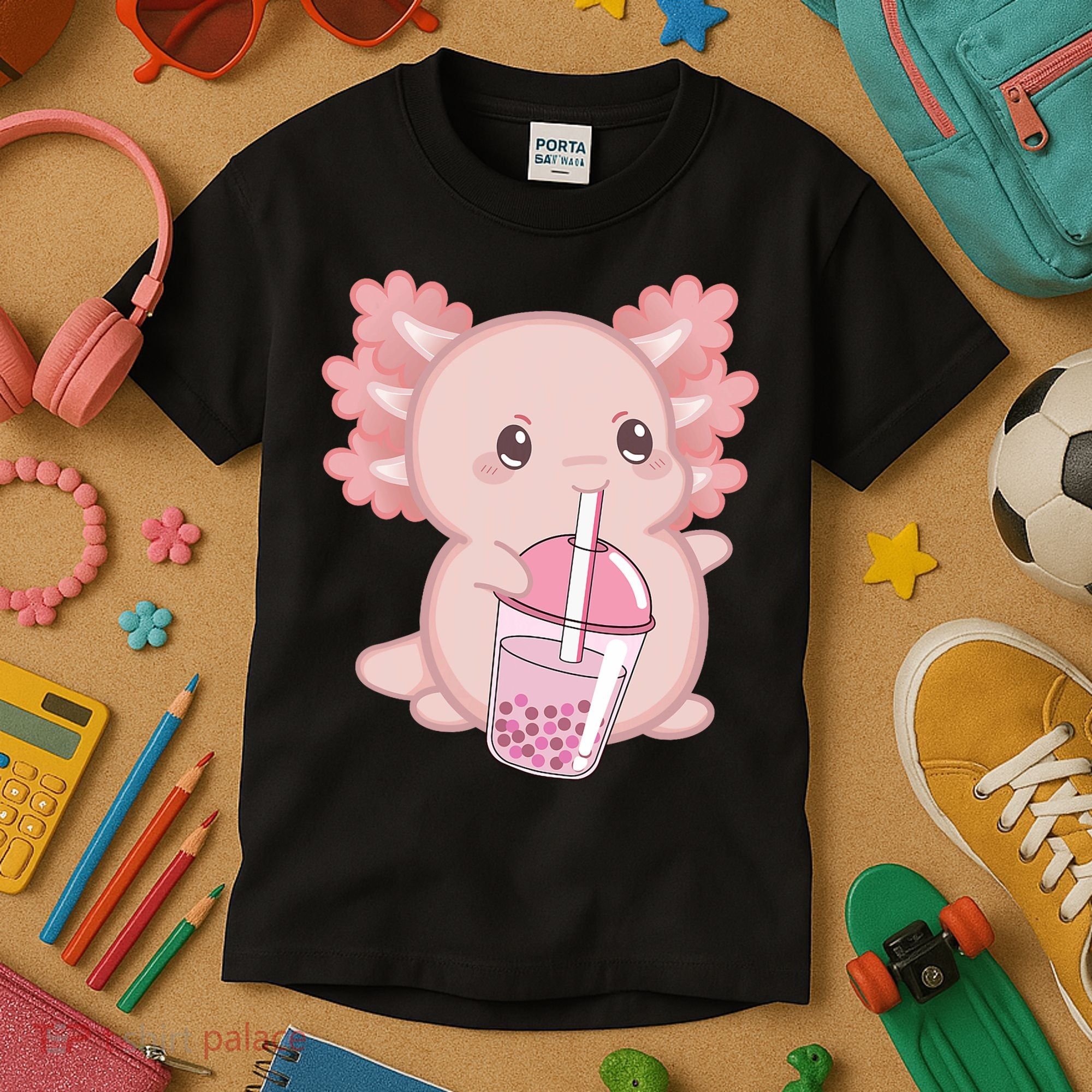Kawaii Anime Axolotl Drinking Boba Bubble Tea Cute Japanese Kids T-Shirt