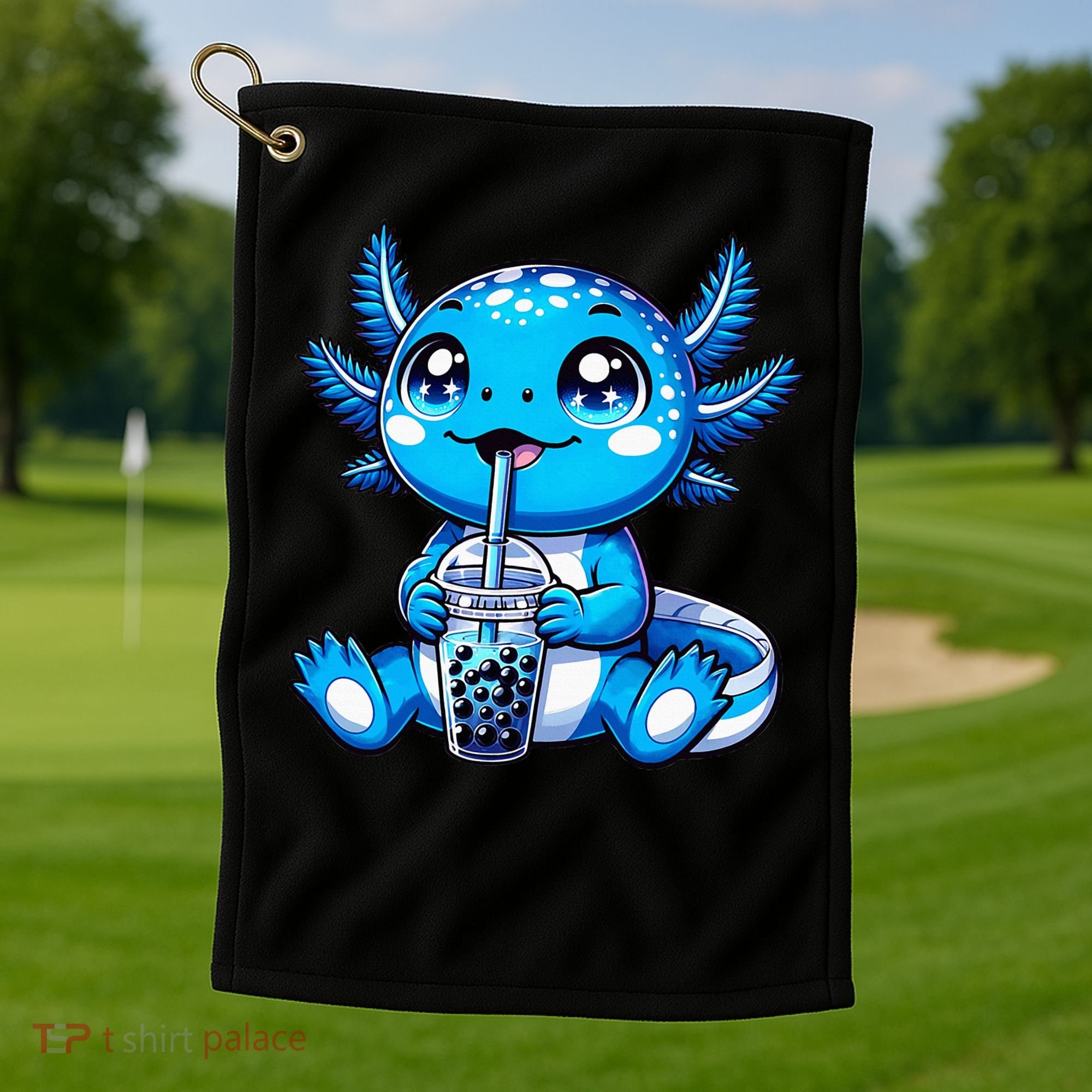 Kawaii Axolotl Boba Tea Anime Bubble Tea Axolotl Golf Towel