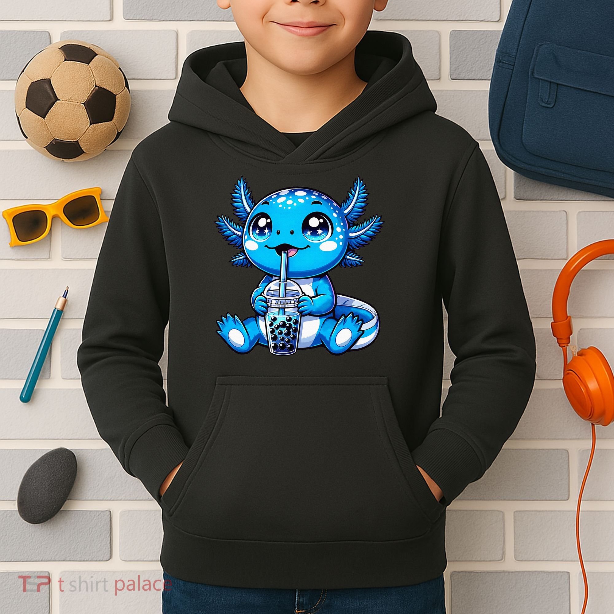 Kawaii Axolotl Boba Tea Anime Bubble Tea Axolotl Kids Hoodie