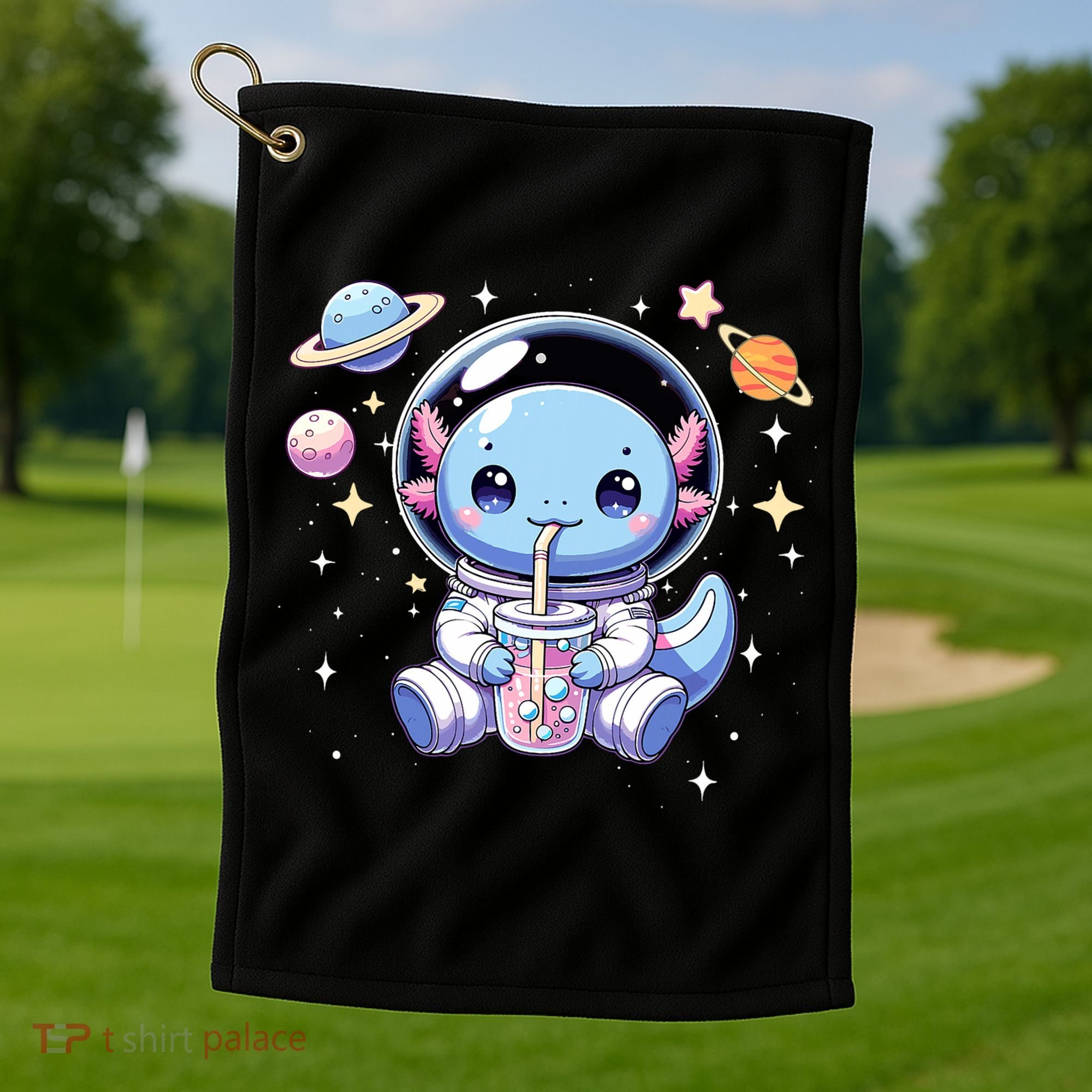 Kawaii Axolotl Bubble Tea Boba Tea Astronaut Space Axolotl Golf Towel