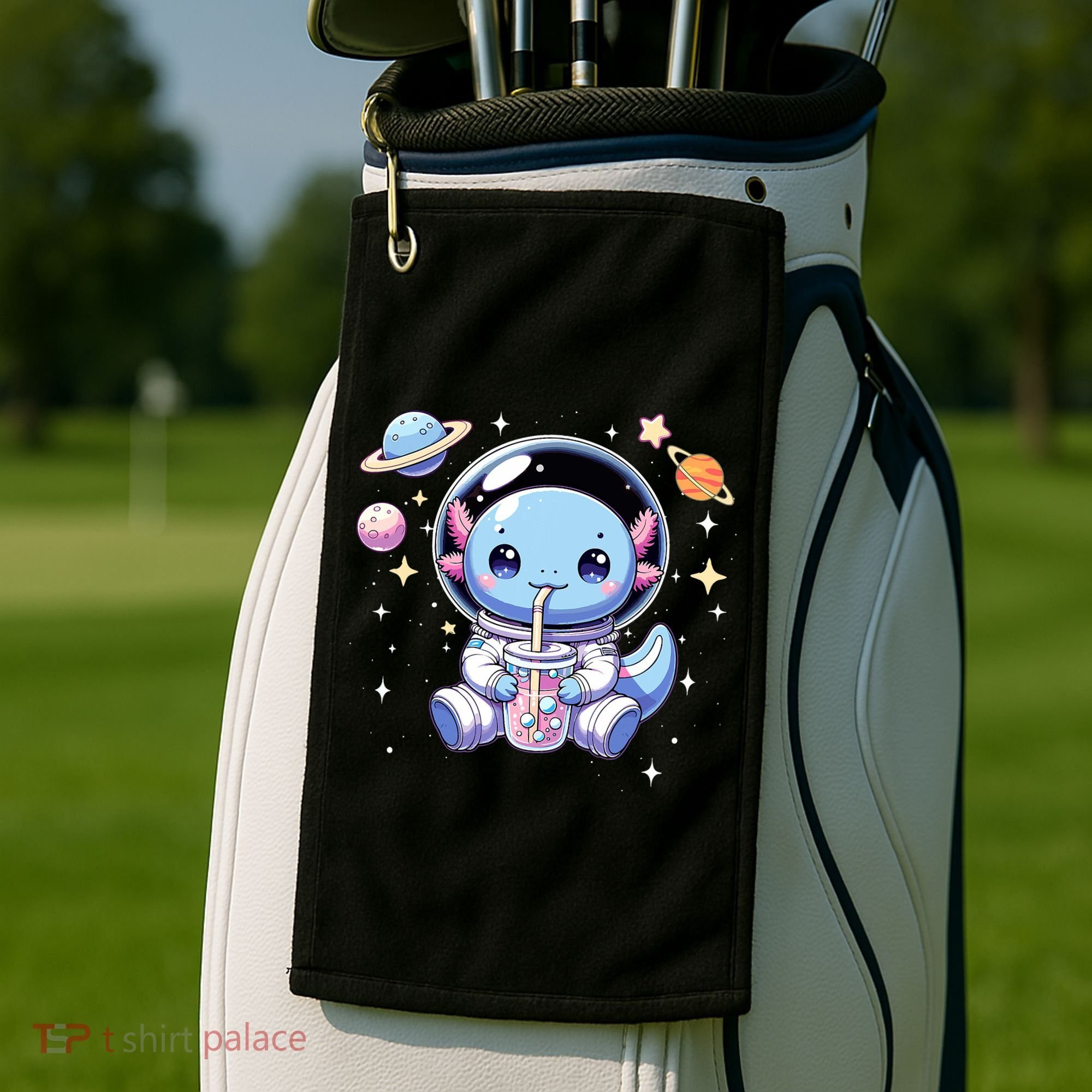 Kawaii Axolotl Bubble Tea Boba Tea Astronaut Space Axolotl Golf Towel