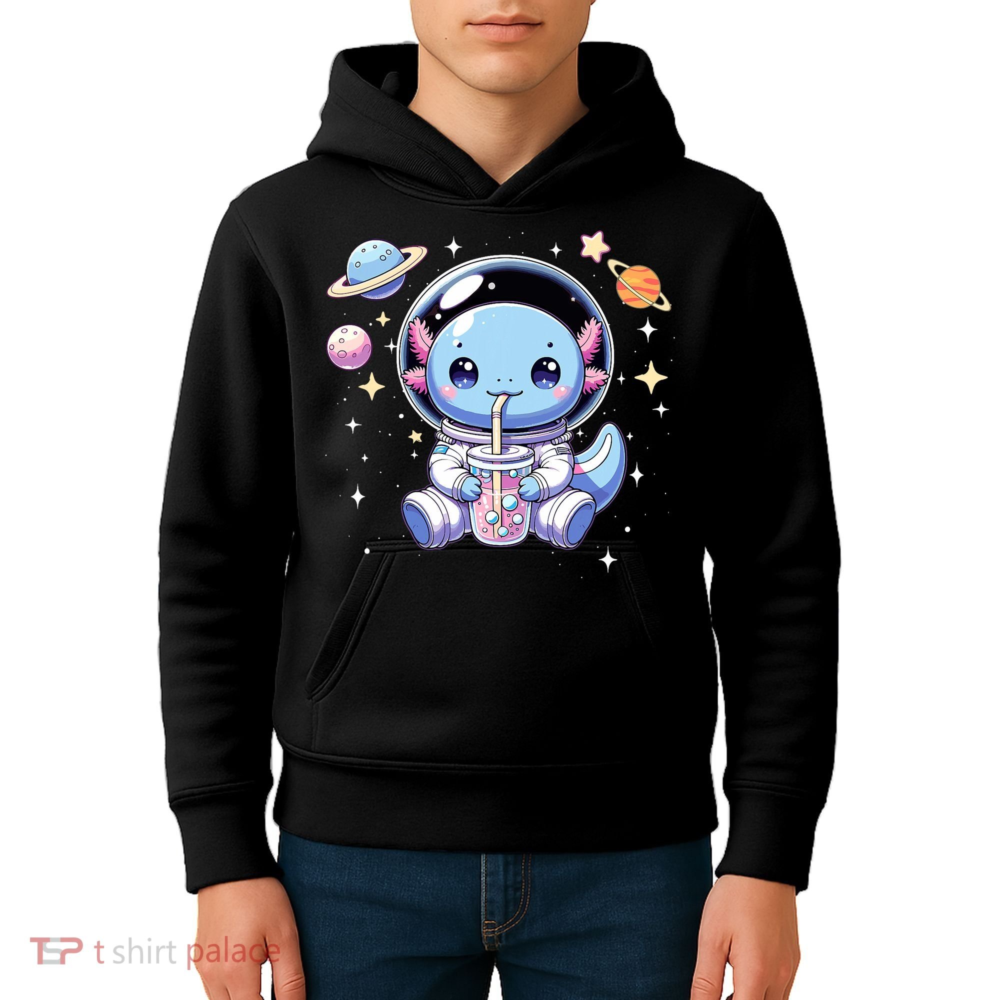 Kawaii Axolotl Bubble Tea Boba Tea Astronaut Space Axolotl Kids Hoodie