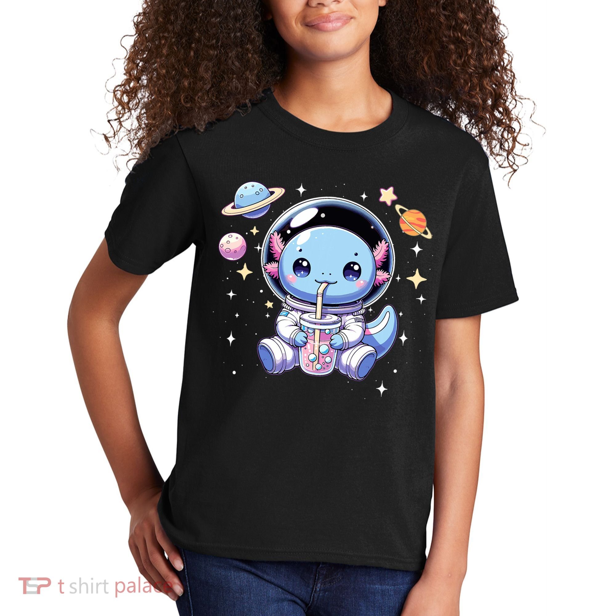 Kawaii Axolotl Bubble Tea Boba Tea Astronaut Space Axolotl Kids T-Shirt