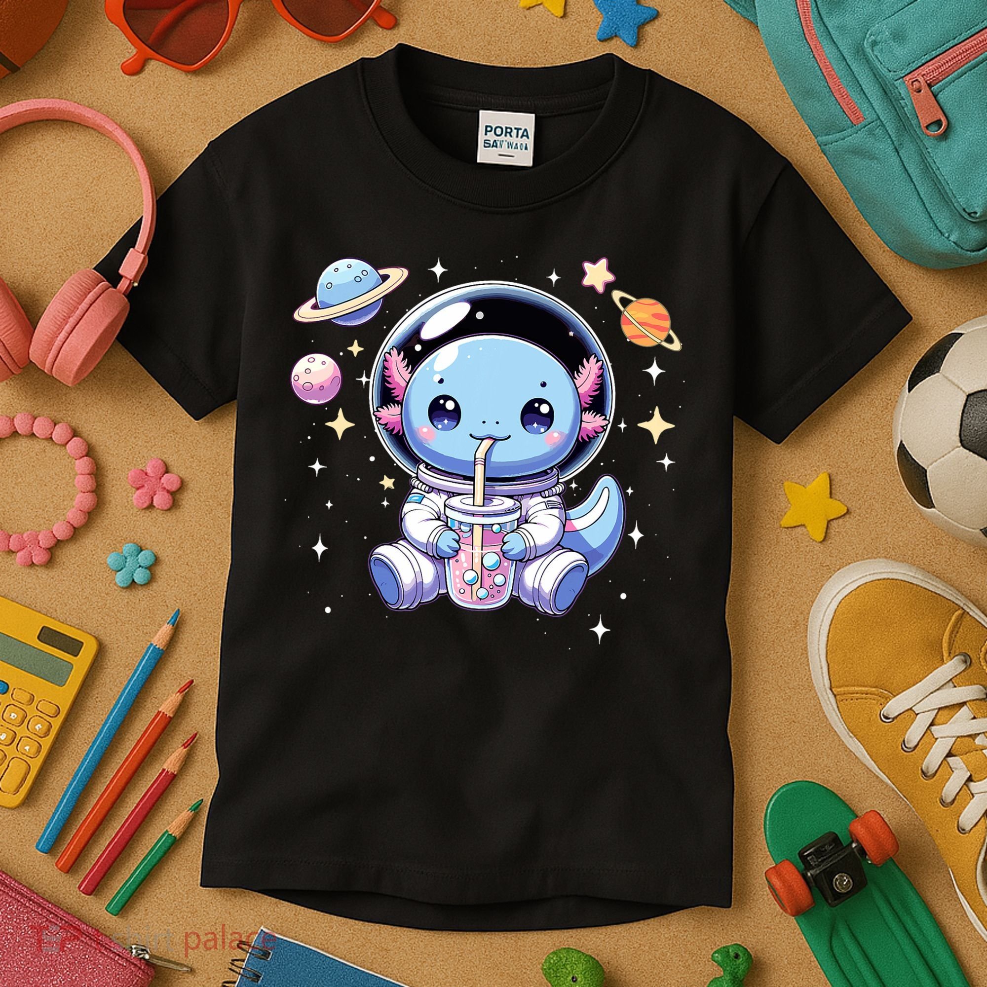 Kawaii Axolotl Bubble Tea Boba Tea Astronaut Space Axolotl Kids T-Shirt