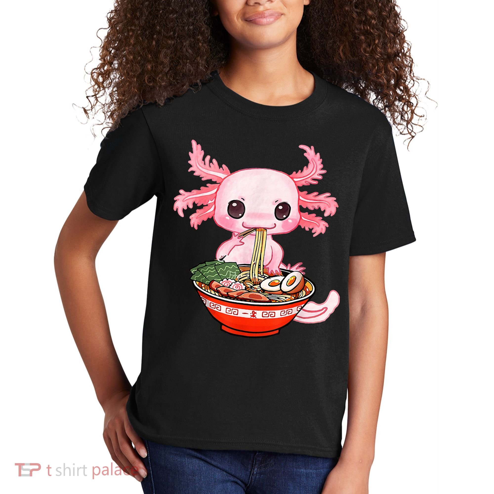 Kawaii Axolotl Eating Ramen Noodles Anime Gift Teens Kids T-Shirt